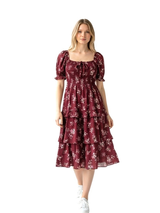 Altar'd State Dresses & Skirts - Altar'd State Burgundy Floral Smocked Tiered Midi Dress